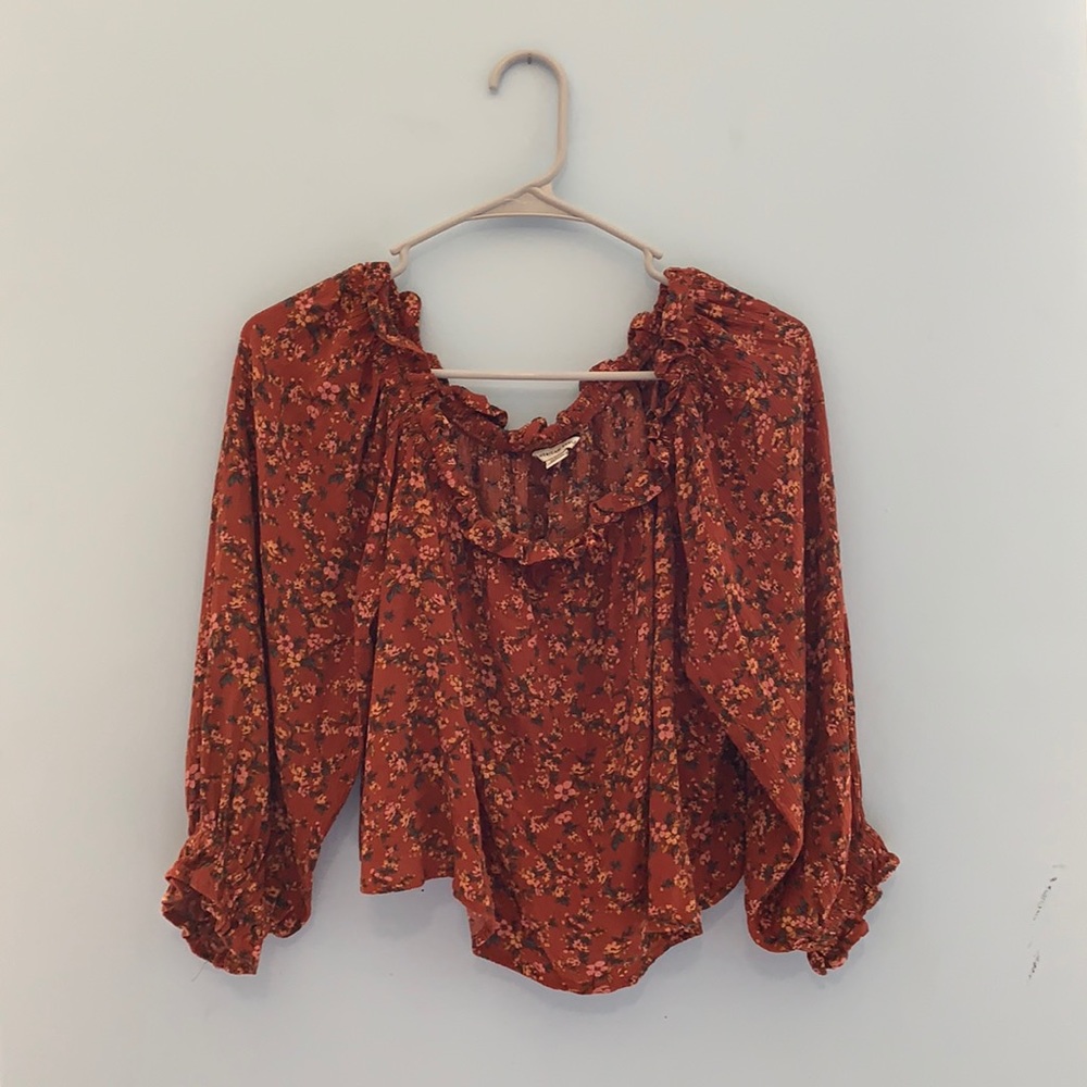 off the shoulder, long sleeve floral top